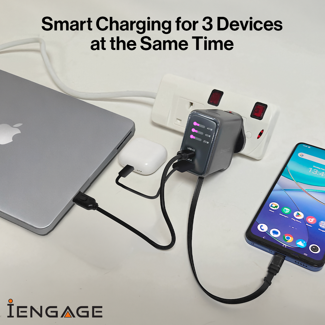 iEngage 100W AI PD Charger( USB-C+USB-C Cable+ USB- A) W/Interchangeable UK/EU Plug