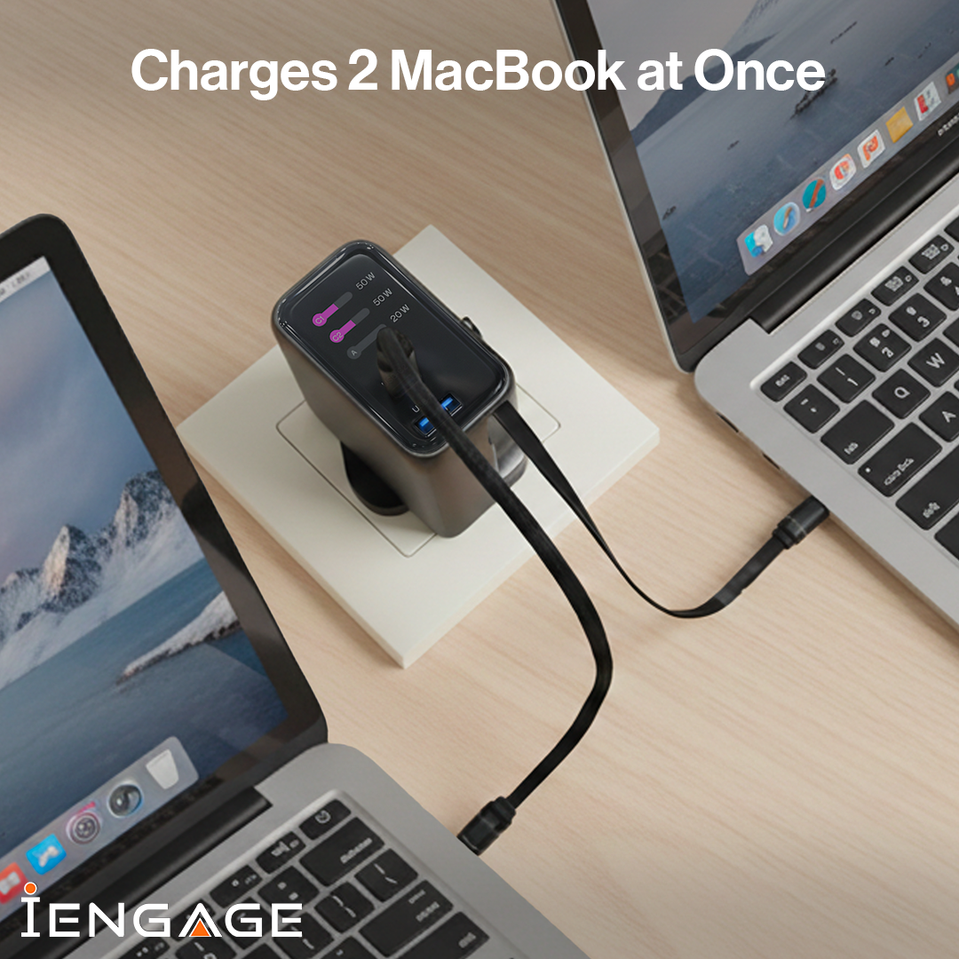 iEngage 100W AI PD Charger( USB-C+USB-C Cable+ USB- A) W/Interchangeable UK/EU Plug