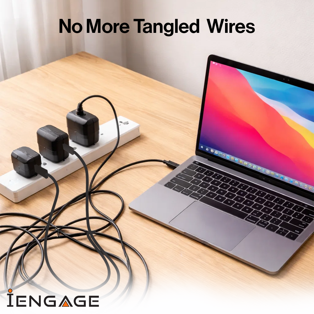 iEngage 100W AI PD Charger( USB-C+USB-C Cable+ USB- A) W/Interchangeable UK/EU Plug