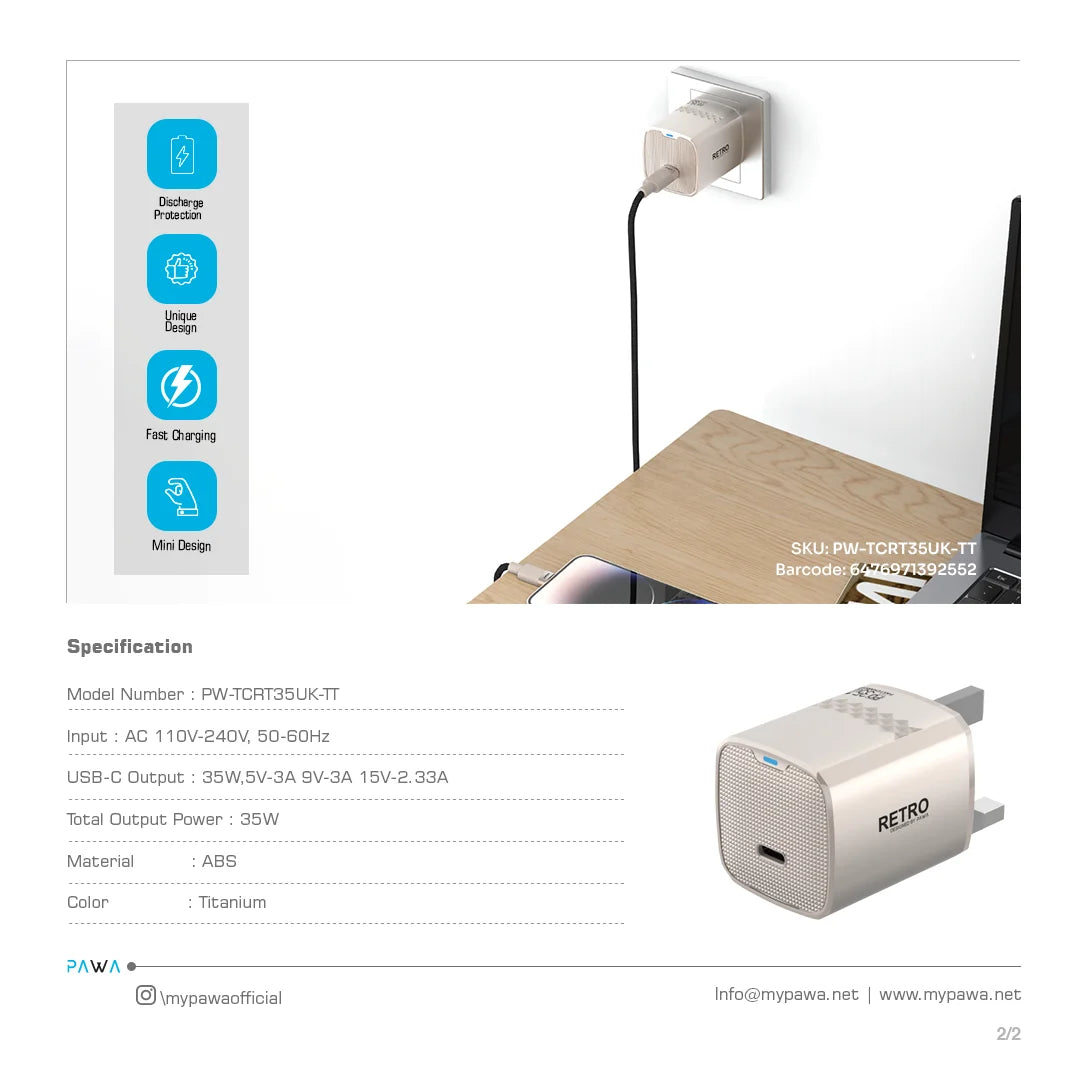 Pawa Retro 35W With Type-C Port Uk Plug - Titanium
