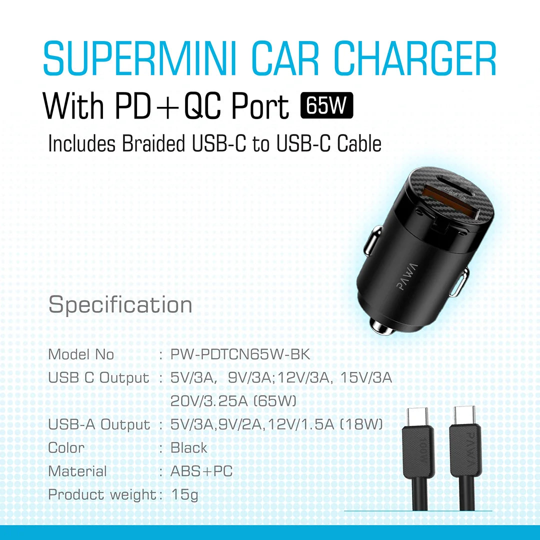 Pawa Supermini Dual Port Car Charger 65W With Braided Type-C To Type-C Cable
