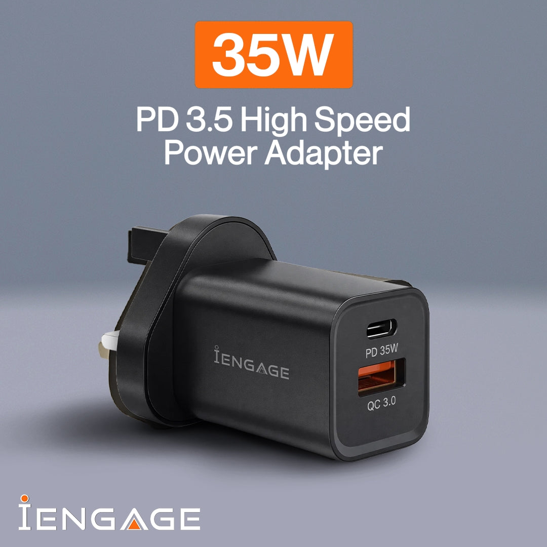 iEngage Dualport (USB-C +USB -A) 35W Power Adapter UK Plug - Black