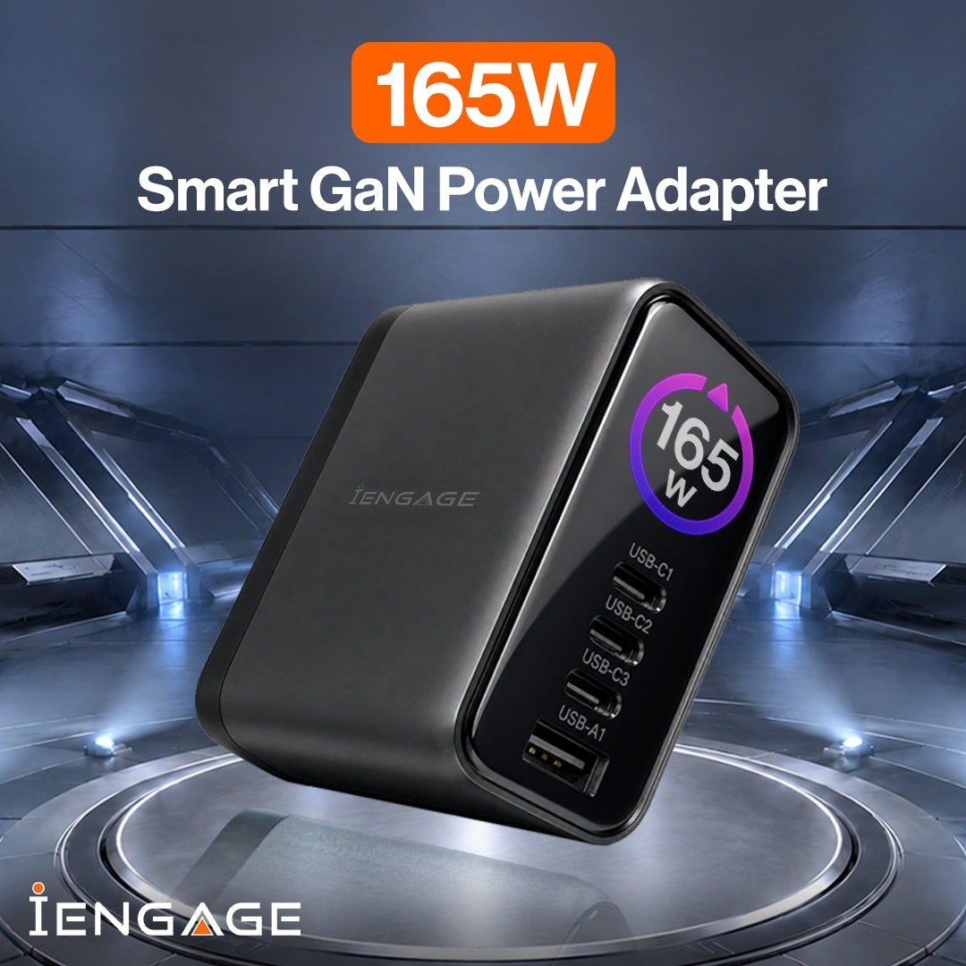 iEngage 165W TFT PD Charger (Triple USB -C + USB-A) W/ Interchangeable UK/EU Plug