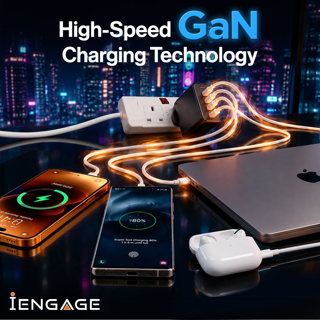 iEngage 165W TFT PD Charger (Triple USB -C + USB-A) W/ Interchangeable UK/EU Plug