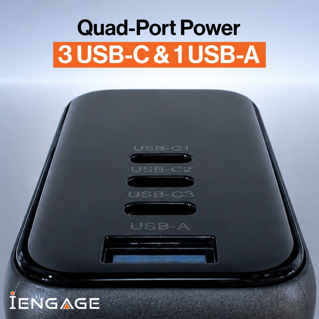 iEngage 165W TFT PD Charger (Triple USB -C + USB-A) W/ Interchangeable UK/EU Plug
