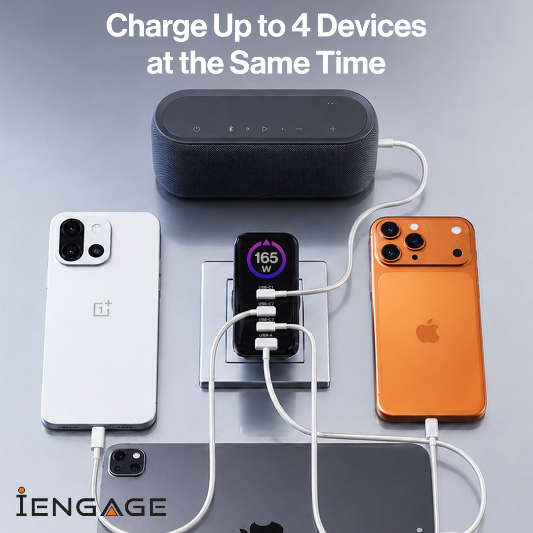 iEngage 165W TFT PD Charger (Triple USB -C + USB-A) W/ Interchangeable UK/EU Plug