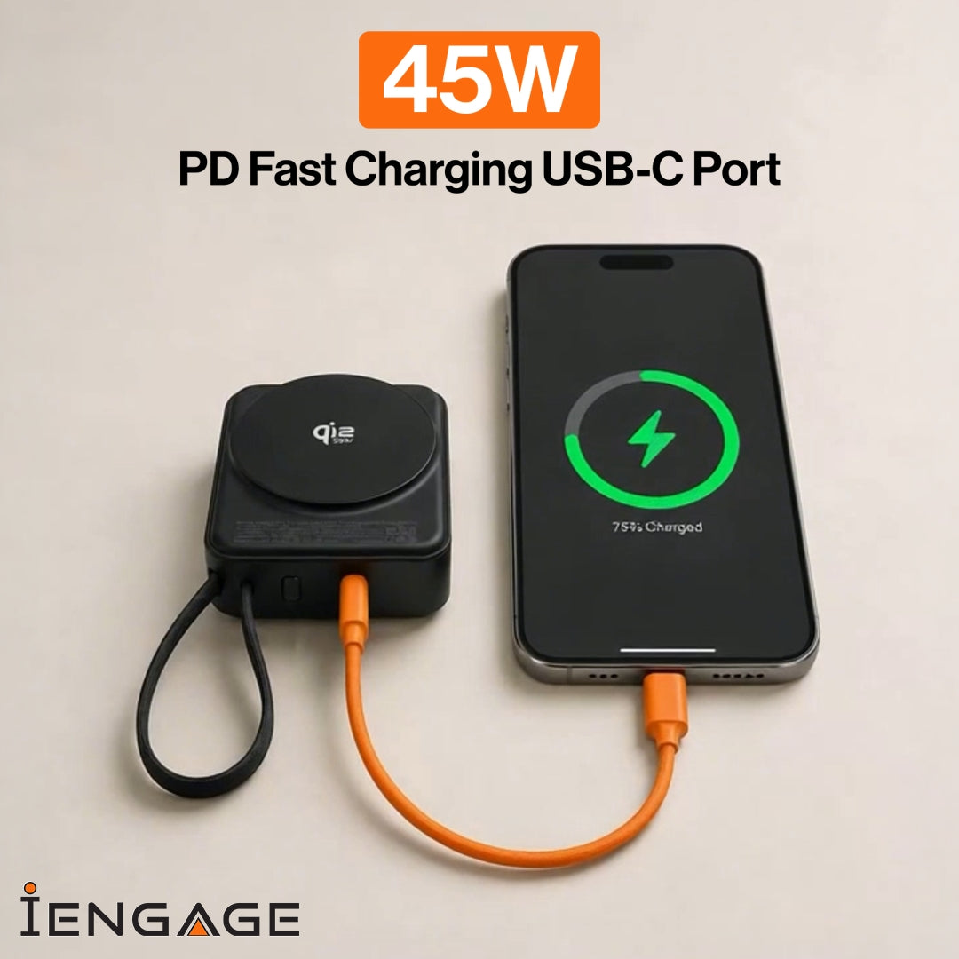 iEngage 10000mAh Semi Solid Battery Qi2.2 Magsafe Powerbank مع كابلات مدمجة 