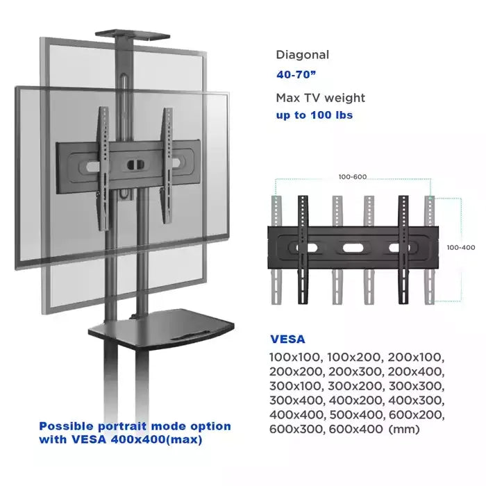 GAMVITY Trolley with Wheels, Adjustable Height Mobile TV Mount Stand (32-70 Inch)