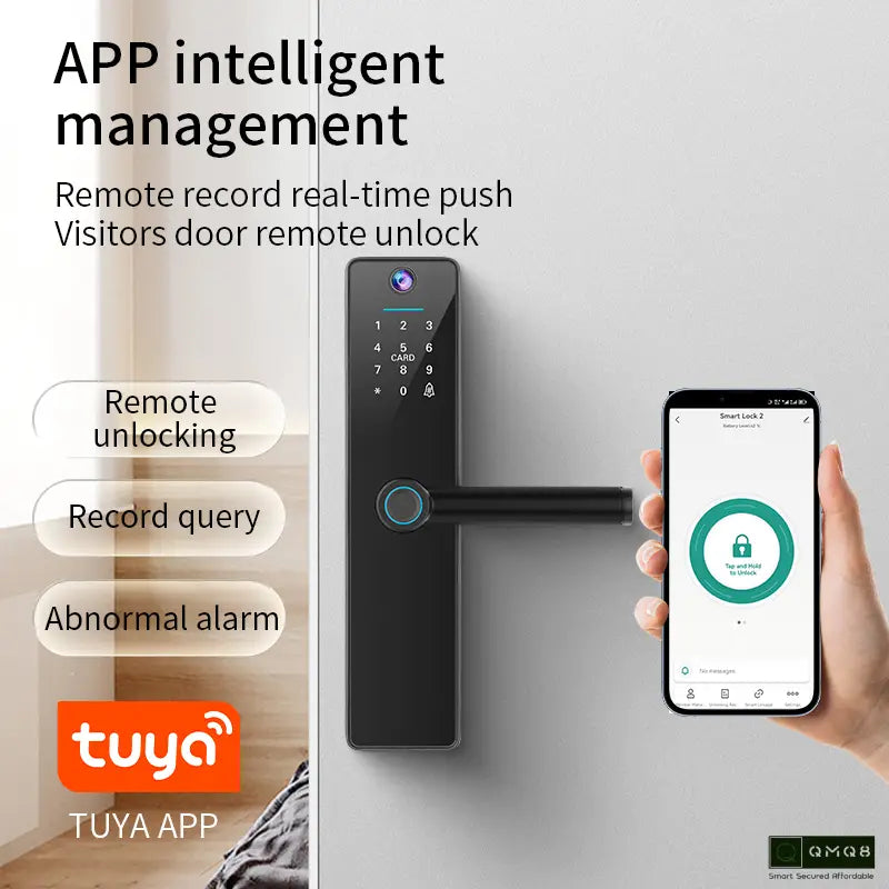 Tuya Smart Wi-Fi Door Lock with Camera for Wooden Doors | Fingerprint, App, Password, Card & Key (BLACK)