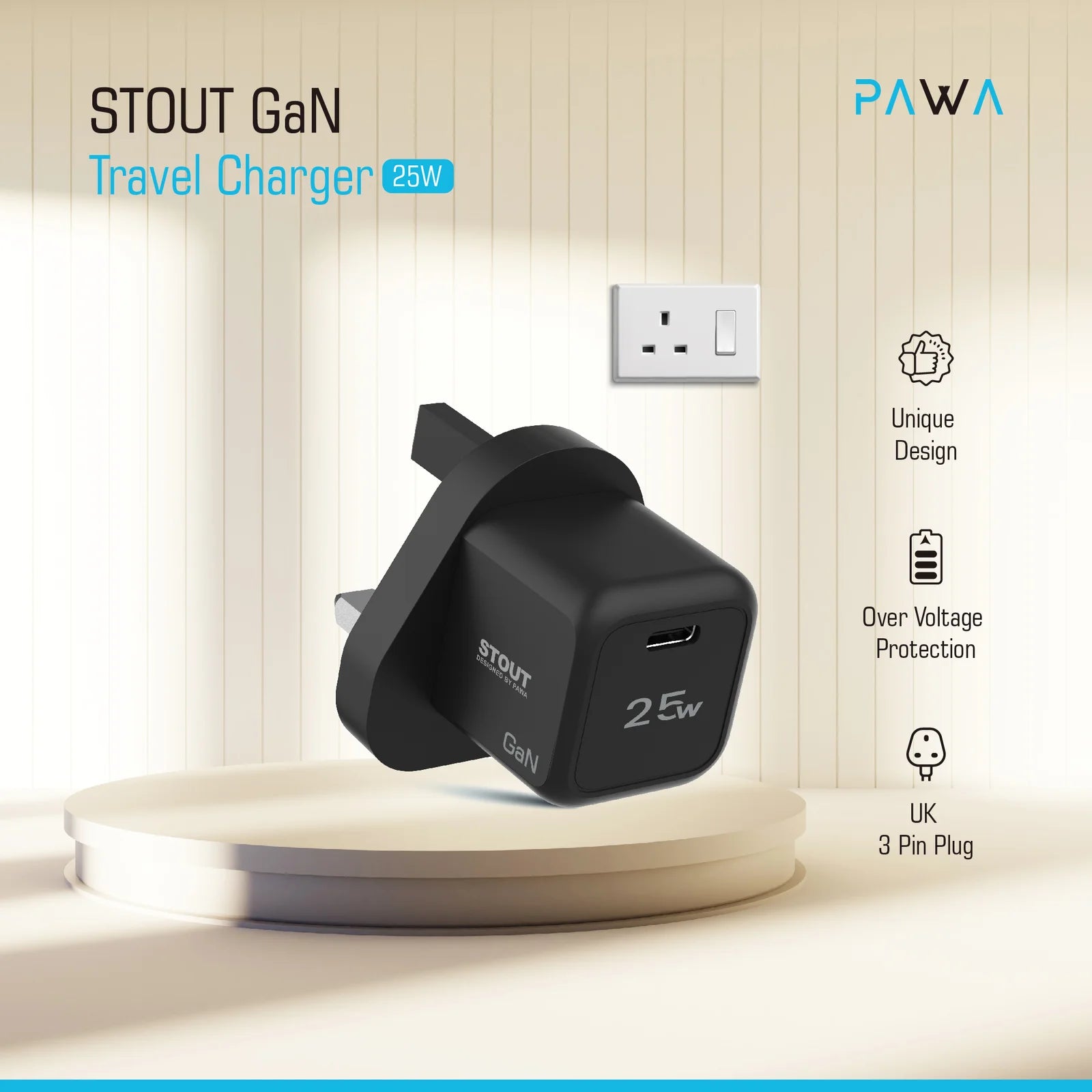 Pawa Stout Gan Travel Charger With Single PD port 25W with Braided Type-C to Type-C Cable