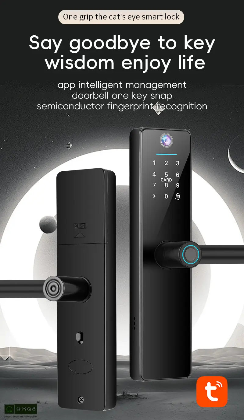 Tuya Smart Wi-Fi Door Lock with Camera for Wooden Doors | Fingerprint, App, Password, Card & Key (BLACK)