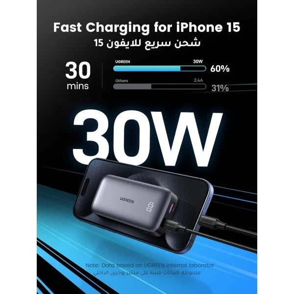 UGREEN 10000mAh PD-30W بنك طاقة أسود مع شحن سريع ثنائي الاتجاه 