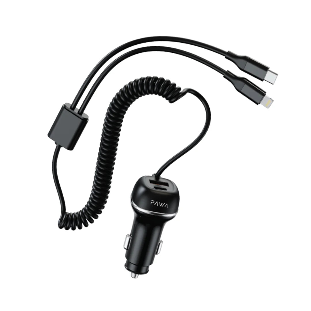 Pawa Solid Car Charger Dual Port PD+QC With Usb-C And Lightning Built-In Cable 68W