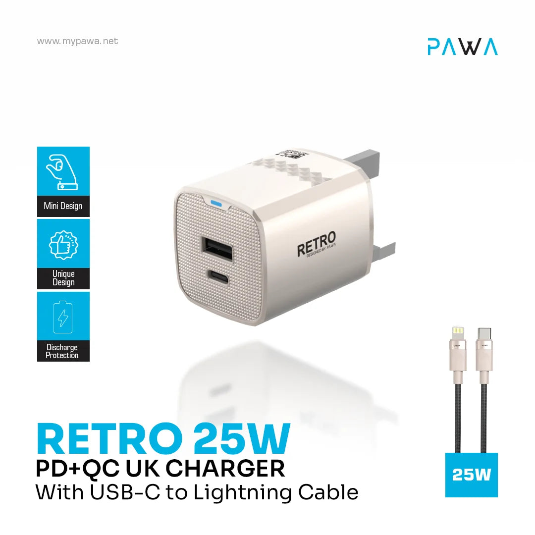 Pawa Retro 25W With PD+QC Port Uk Plug With Type-C To Lightning Cable - Titanium