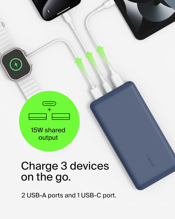 Belkin Boostcharge 3Port 20K Pow Bank Usb-C 15W Dual 15Cm Cab Blu
