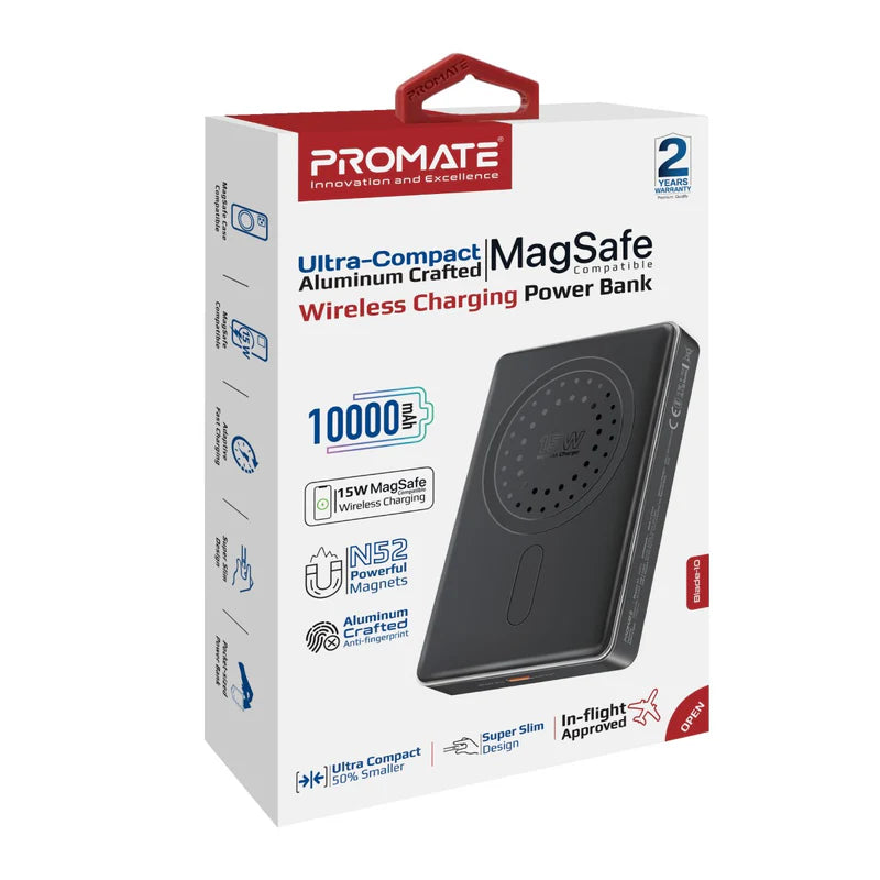 Promate 10000mAh Ultra-Slim Aluminum Crafted Magsafe Charging Power Bank Black