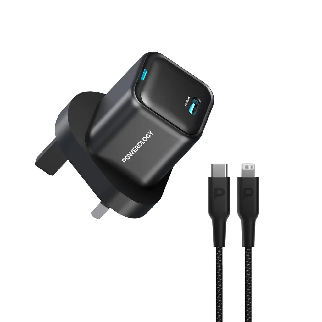 Powerology Dual Port Super Compact Quick Charger With Usb-C To Usb-C Cable 1.2M/4Ft Black