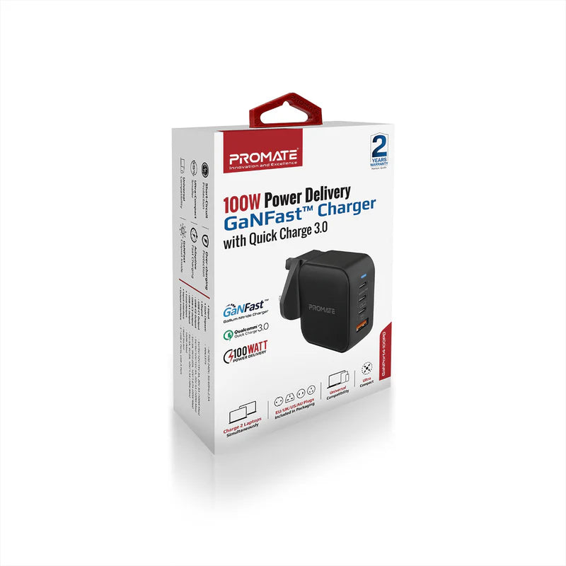 Promate 100W Power Delivery GaNFast™ Charger with Quick Charge 3.0