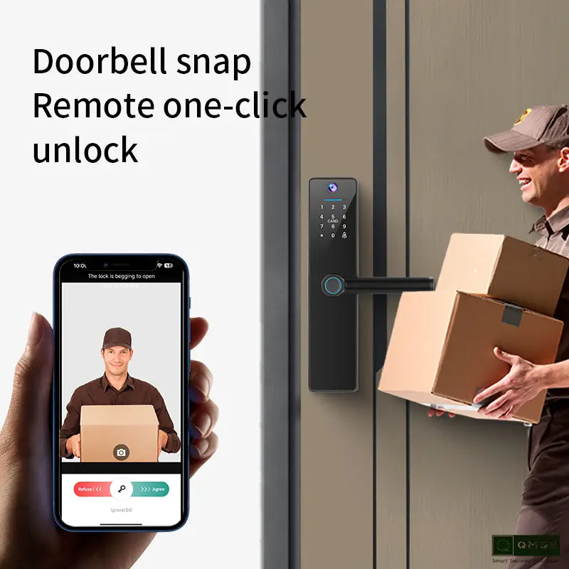 Tuya Smart Wi-Fi Door Lock with Camera for Wooden Doors | Fingerprint, App, Password, Card & Key (BLACK)