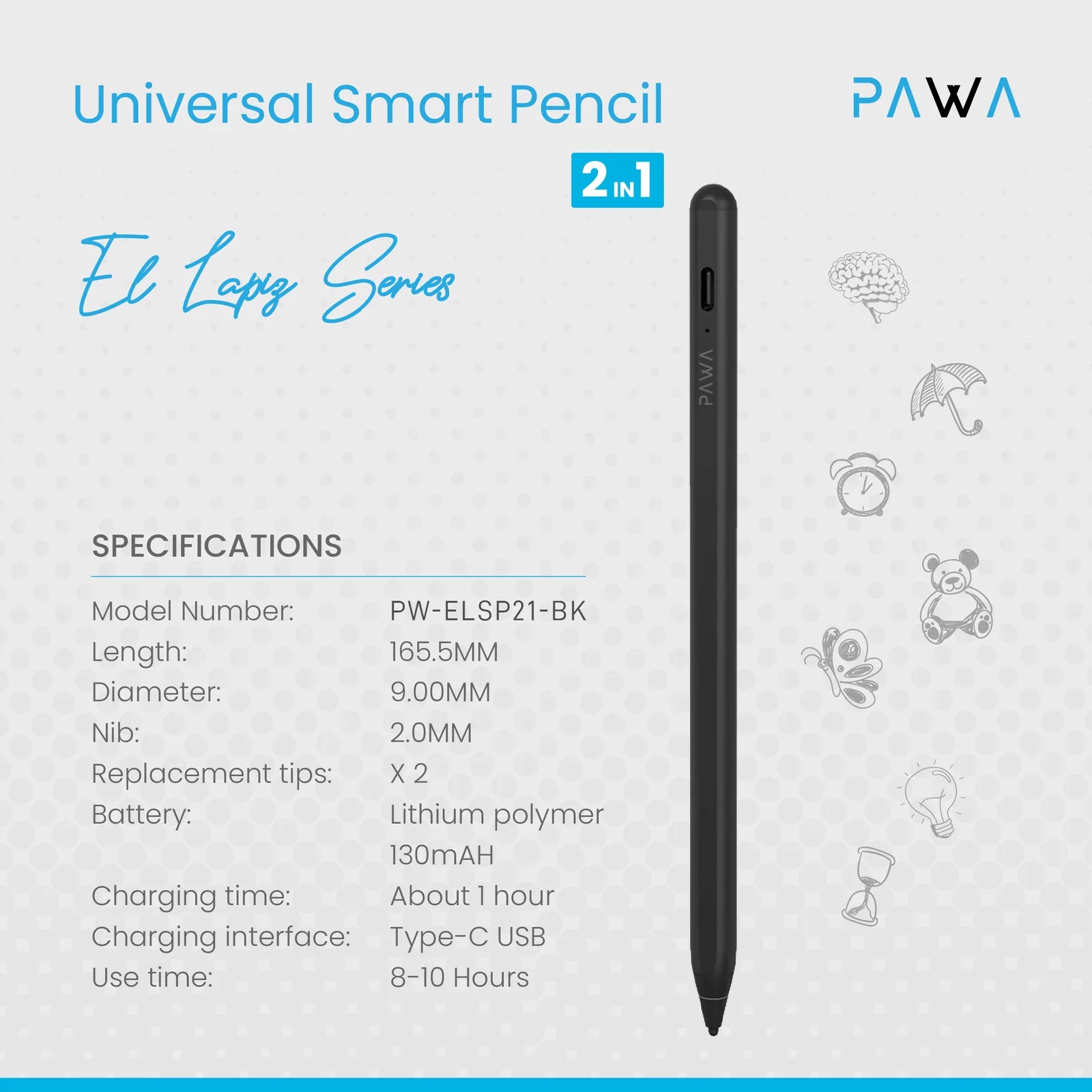 Pawa El Lapiz Series 2 in 1 Universal Smart Pencil With Palm Rejection - Black