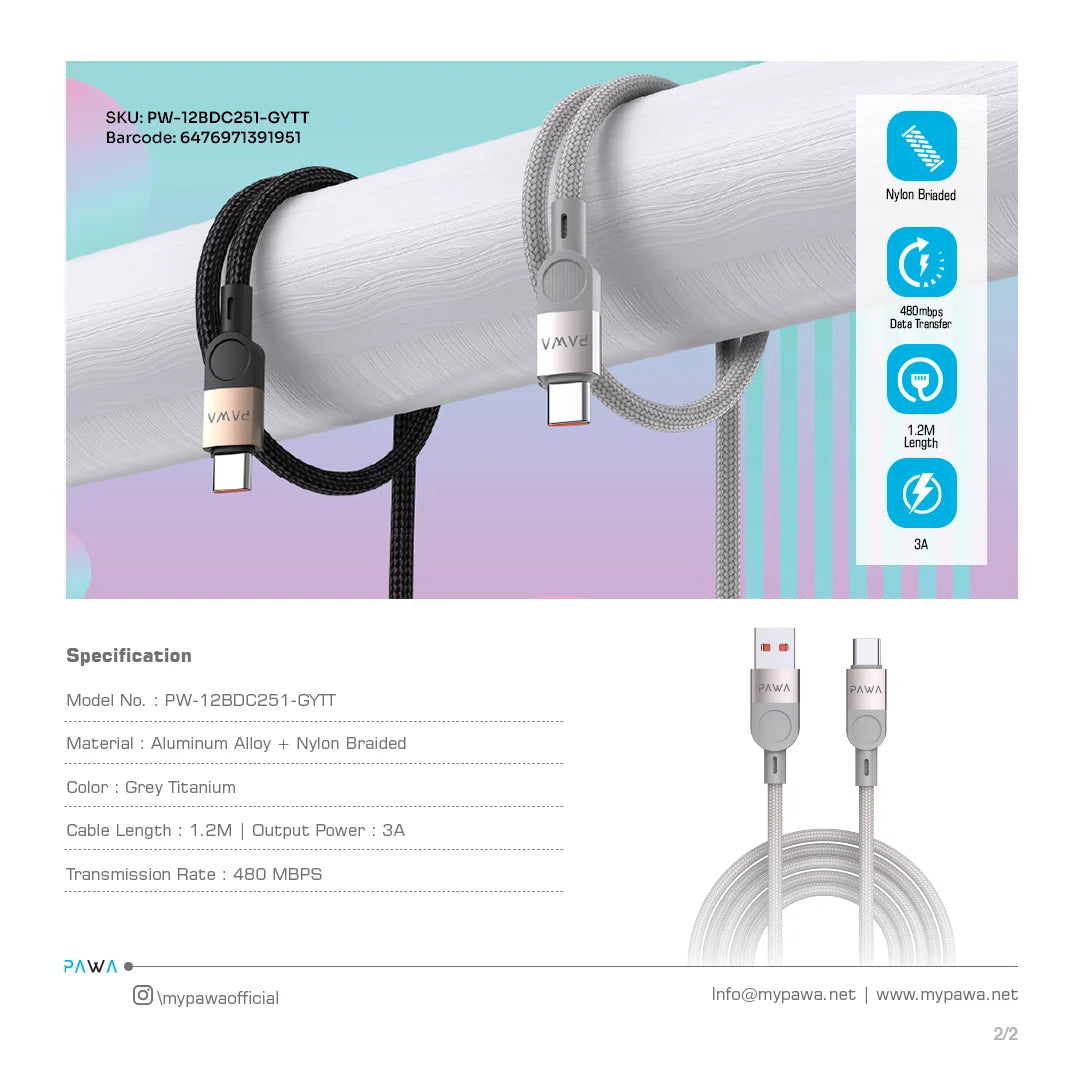 Pawa Levin  USB-A To Type-C Braided Cable 1.2M - Grey Titanium