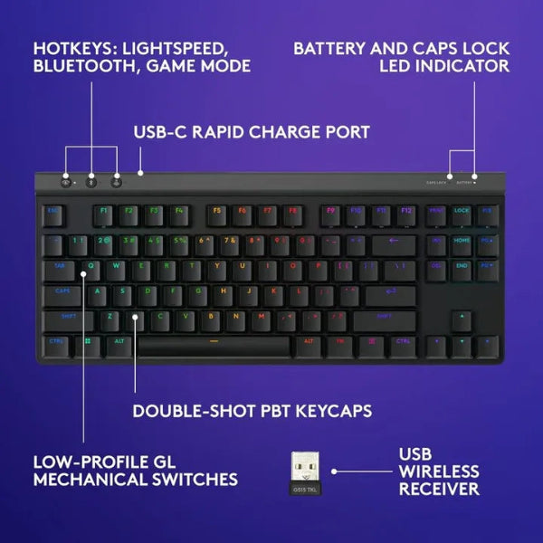 Logitech G515 TKL LIGHTSPEED Low-Profile Wireless Gaming Keyboard Tactile Switch - Black (US Layout)