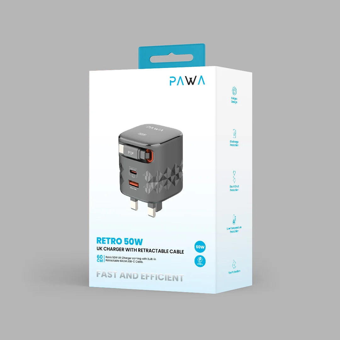 Pawa Retro 50W UK Charger With Retractable Cable - Black
