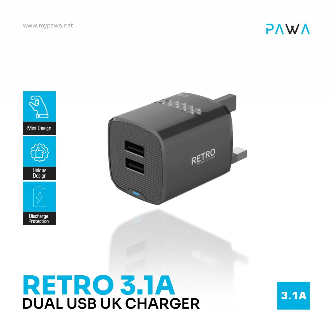 Pawa Retro 3.1A Dual Usb Travel Adapter With Uk Plug - Black