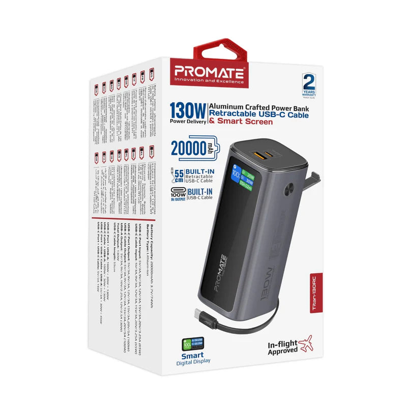 Promate Titan-130RC 20000mAh 130W Aluminum Crafted Power Bank w/ Retractable USB-C Cable  & TFT LCD Screen