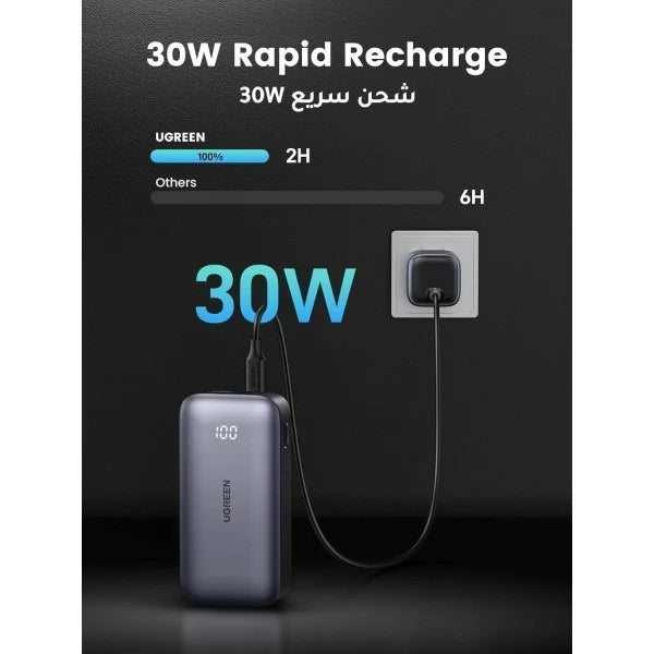 UGREEN 10000mAh PD-30W بنك طاقة أسود مع شحن سريع ثنائي الاتجاه 
