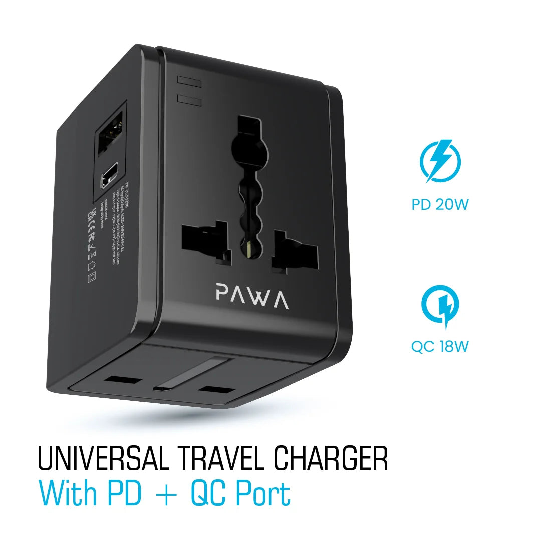 Pawa Universal Travel Charger With PD+QC Port 20W - Black