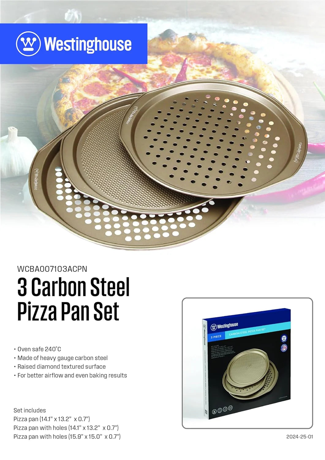 WESTINGHOUSE-3-Piece Carbon Steel Pizza Pan Set.