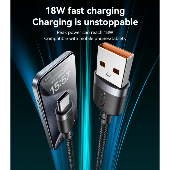 YESIDO CA133C 2 Meter 18W Fast Charging USB to Type-C Aluminum Alloy Braided Data Cable