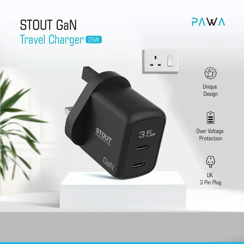 Pawa Stout Gan Travel Charger With Dual PD port 35W with Braided Type-C to Type-C Cable