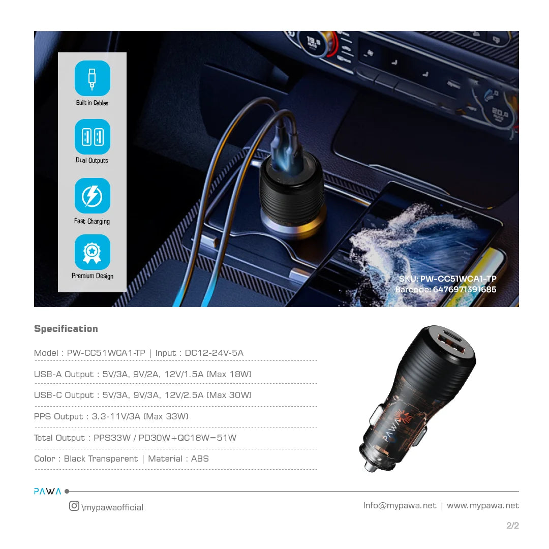 Pawa Solid Car Charger Dual Port PD+QC 51W With Braided Type-C To Type-C Cable