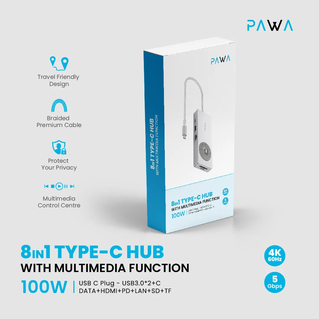 Pawa 8IN1 Type-C Hub With Multimedia Function PD100W.