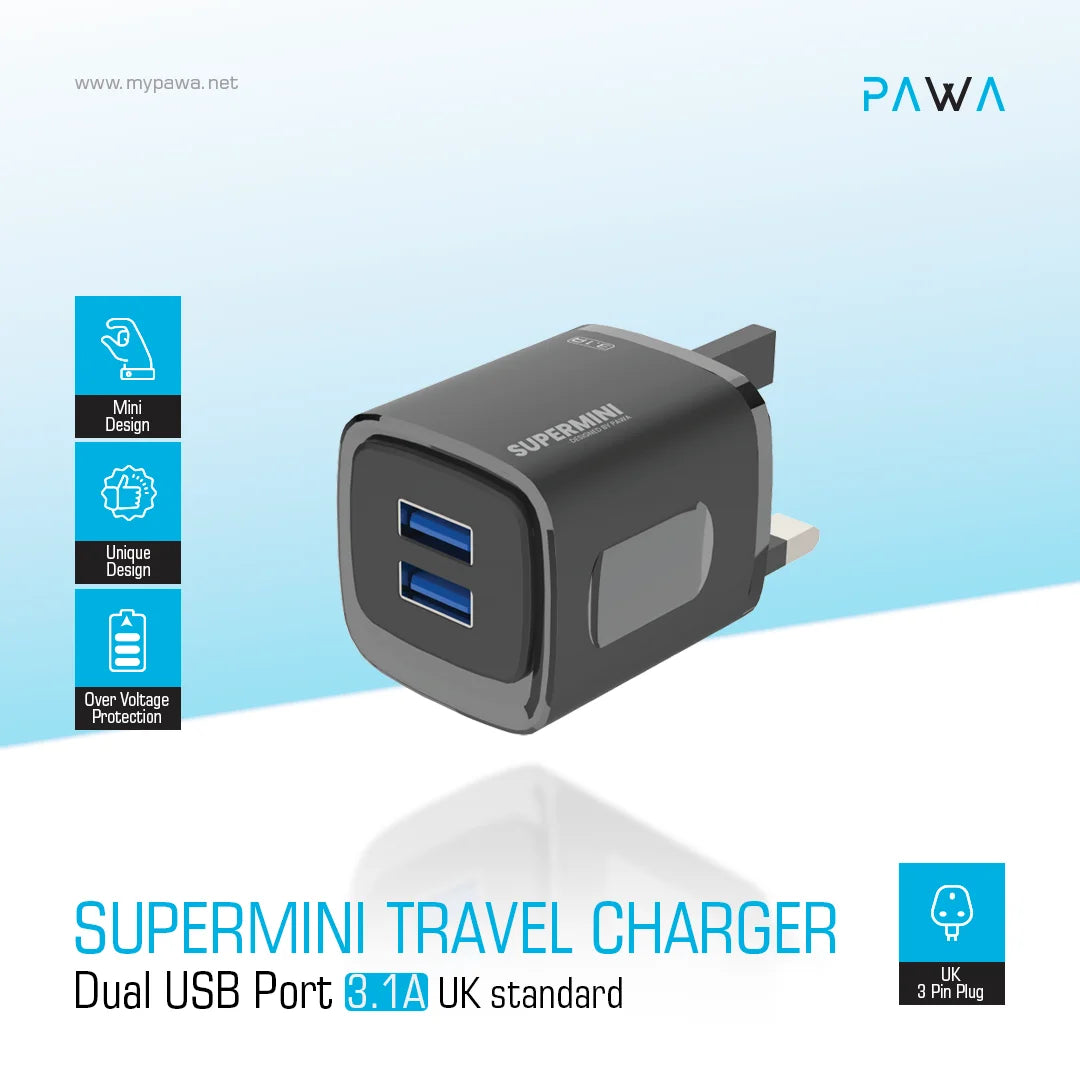 Pawa Supermini Travel Charger Dual Usb 3.1A UK Standard - Black
