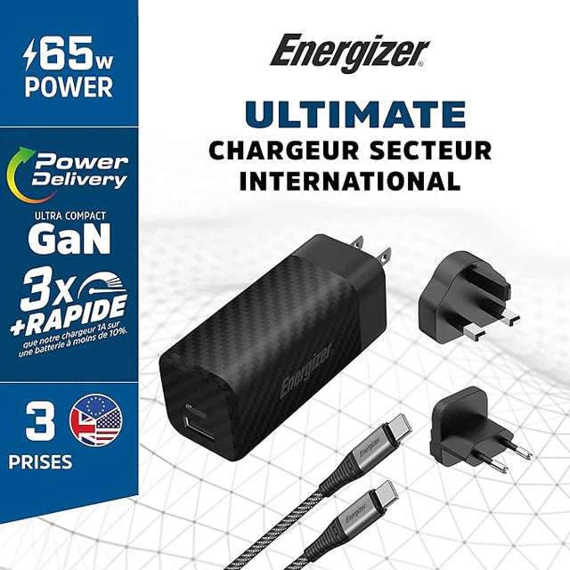 Energizer ULTIMATE 90W Dual USB-C Laptop and Mobile Wall Charger- Black