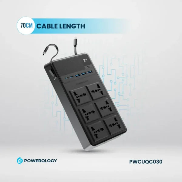 Powerology 2500W 6 Ac Power Strip With Built-In Retractable Cables Black