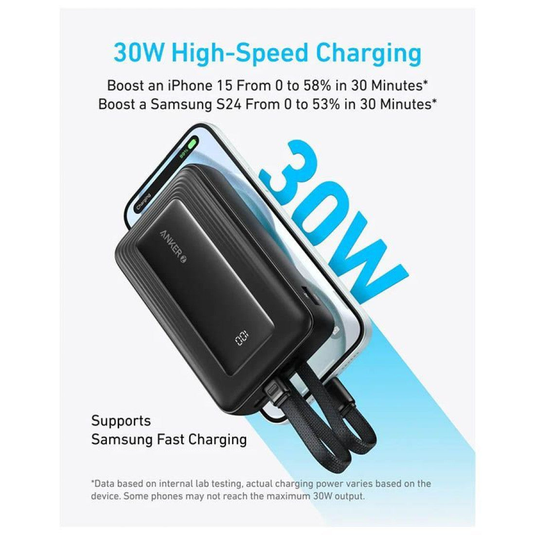 Anker Zolo Wireless Power Bank (10K 30W Cable USB-C Cable) أسود