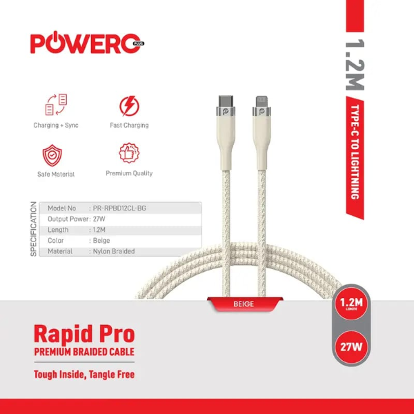 PowerO+ Rapid Pro Premium Braided Cable USB-C to LIGHTNING 27W , 1.2M-BG