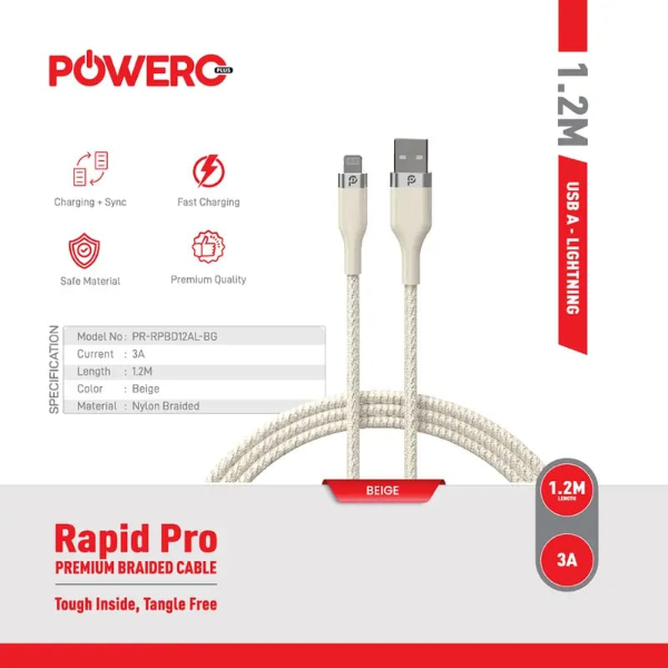 PowerO+ Rapid pro braided cable USB-A TO LIGHTNING -1.2M-BG