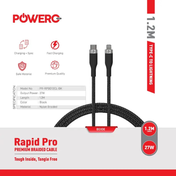 PowerO+ Rapid Pro Premium Braided Cable USB-C to LIGHTNING 27W , 1.2M.