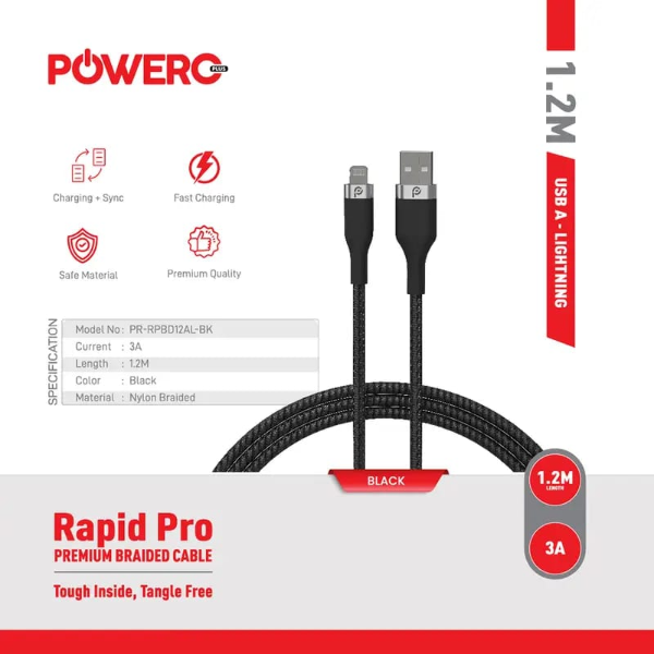 PowerO+ Rapid pro braided cable USB-A TO LIGHTNING -1.2M