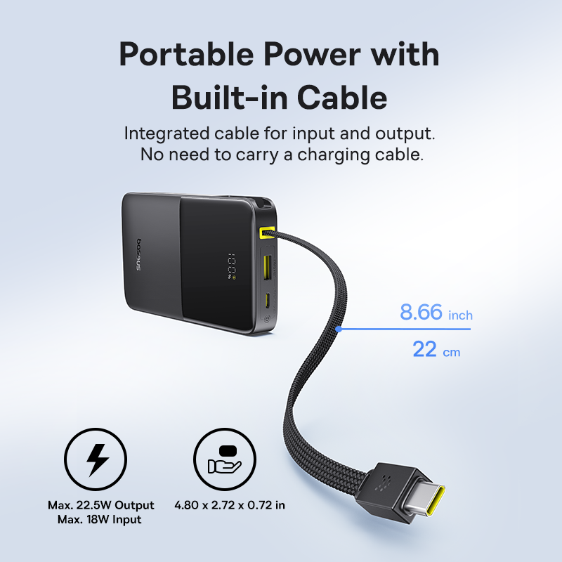 Baseus EnerFill FC51 Bipow2 Pro Digital Display Power Bank with Built-in Cable 10000mAh 22.5W - Cosmic Black