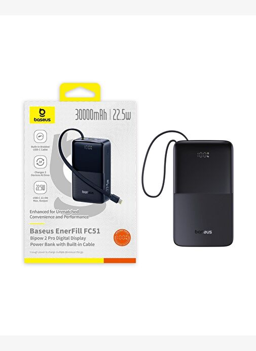 Baseus Ener Fill FC51 Bipow2 Pro Digital Display Power Bank with Built-in Cable 30000mAh 22.5W - Cosmic Black