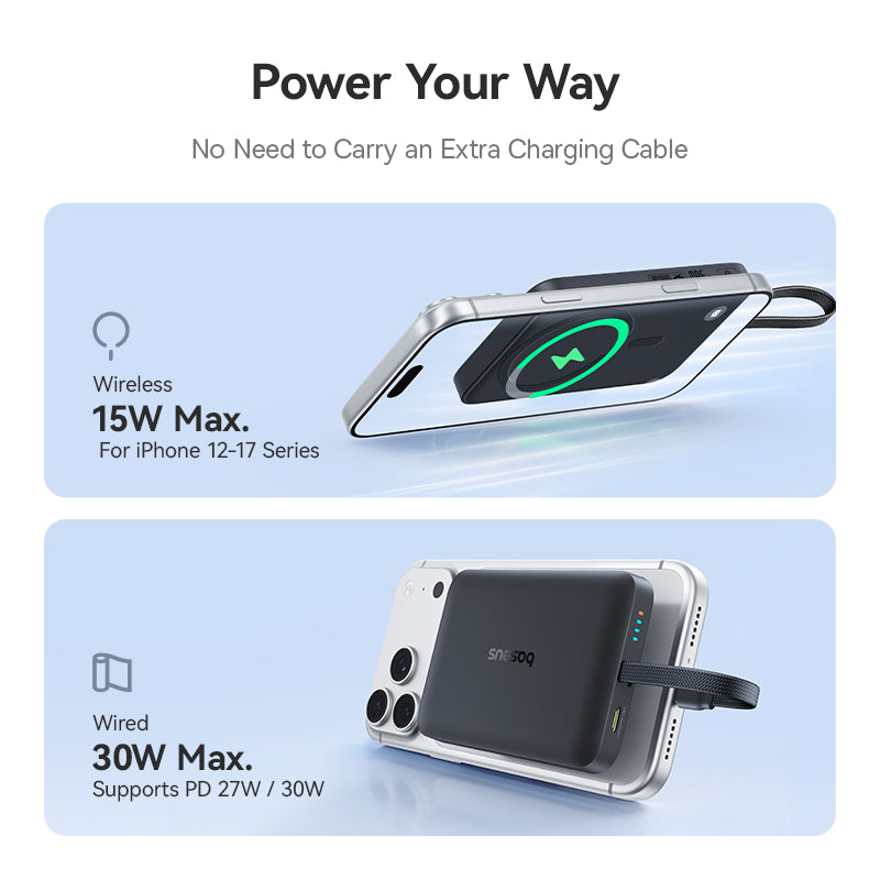 Baseus EnerFill FM11 Magnetic Wirless 15W Power Bank with Built-in USB-C Cable 10000mAh 30W - Cosmic Black