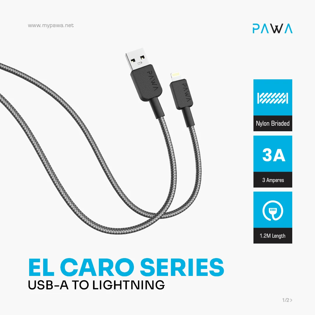 Pawa El Caro Series Usb-A To Lightning Premium Braided Cable 1.2M - Black