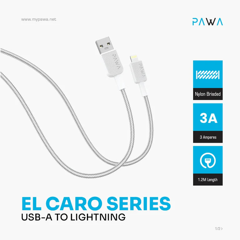 Pawa El Caro Series Usb-A To Lightning Premium Braided Cable 1.2M - White