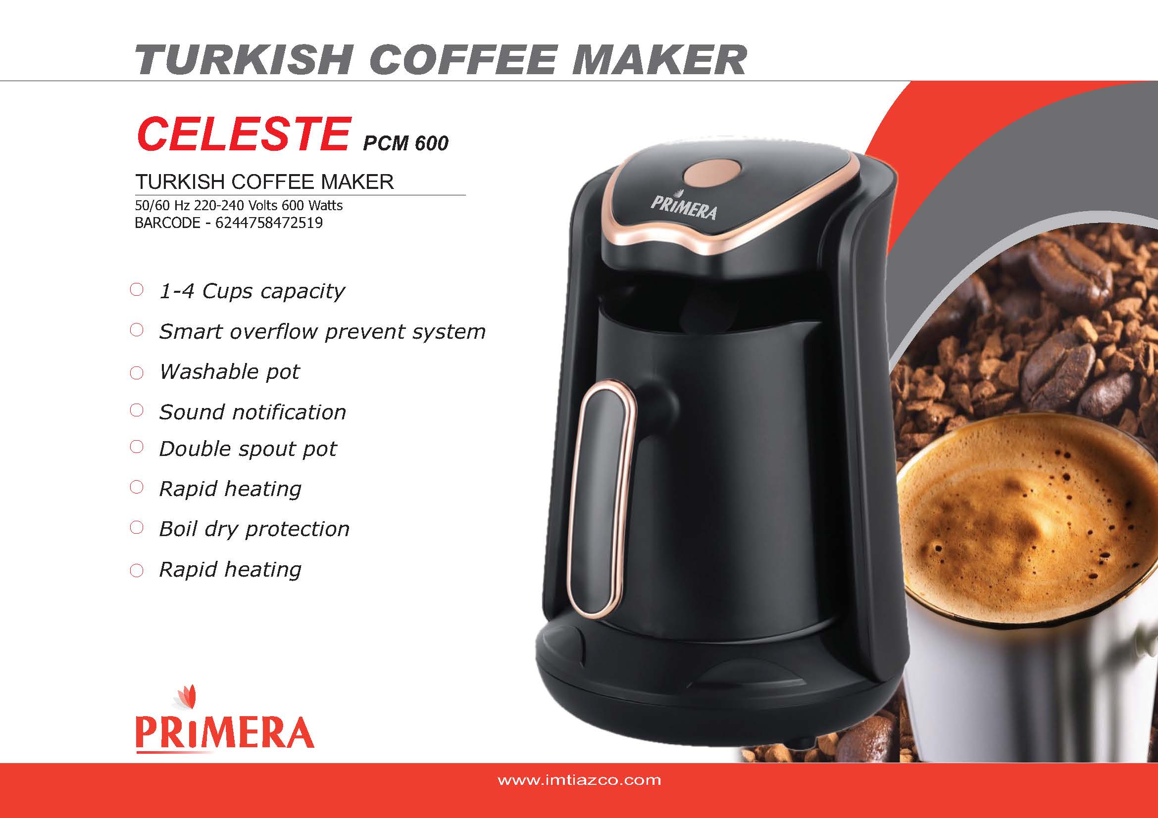 Primera Celeste Turkish Coffee Maker 1-4 Cups Capacity ( PCM-600)